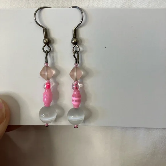 Elegant Pink and Silvertone Beaded Earrings - Picture 2 of 2